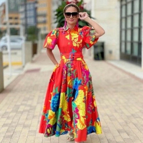 Floral Coral Maxi Shirt Dress with Belt - Picture 7 of 16